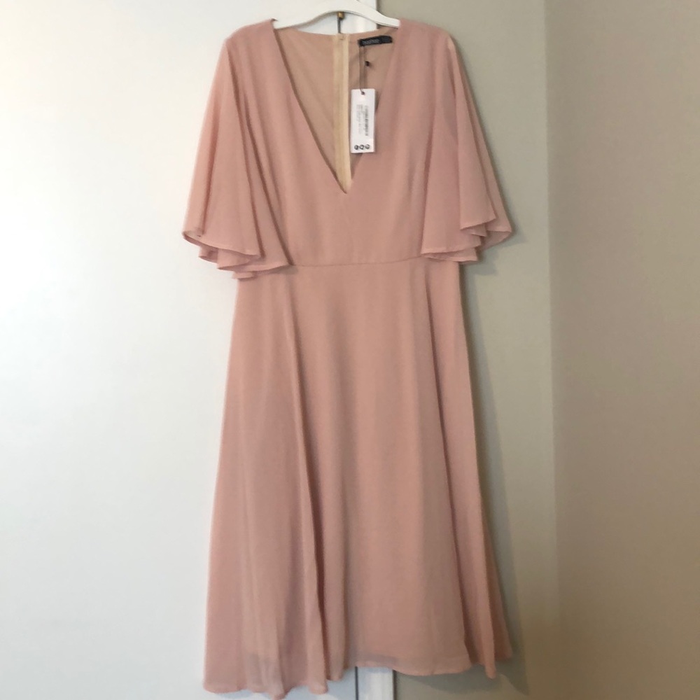Boohoo blush angel sleeve midi skater dress